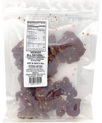 Werner Premium Steak Bites All-Natural Half Pounder Bag - 8 Ounce Resealable Bag of Premium Steak Jerky Bites Smoked Beef Snack (Hot and Spicy)
