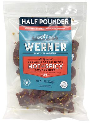 Werner Premium Steak Bites All-Natural Half Pounder Bag - 8 Ounce Resealable Bag of Premium Steak Jerky Bites Smoked Beef Snack (Hot and Spicy)