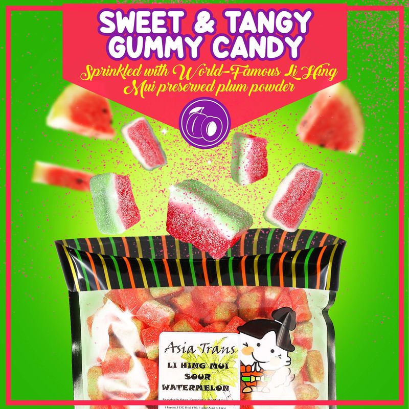 Li Hing Mui Sour Watermelon 12 Ounce - Packed fresh in Hawaii. Sweet and tart watermelon gummy candy sprinkled with Li Hing Mui Plum powder.