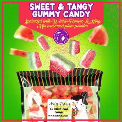 Li Hing Mui Sour Watermelon 12 Ounce - Packed fresh in Hawaii. Sweet and tart watermelon gummy candy sprinkled with Li Hing Mui Plum powder.