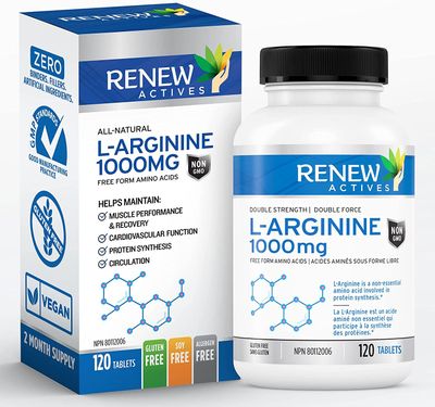Renew Actives L-Arginine Supplement 1000MG for Serving - Strength &amp; Endurance, Essential for Protein Synthesis &amp; Muscle Function, Physical Performance Booster - Made in Canada - 120 Tablets