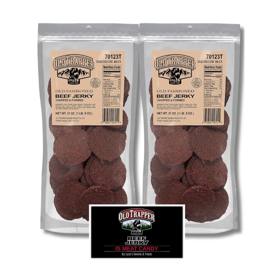 Old Trapper Double Eagle Beef Jerky Gift Set - Old Fashioned - Pack of 2, 21 oz. Bags (80 Pieces Per Bag) with Bonus Old Trapper Magnet by Lyza&#39;s Sweets &amp; Treats