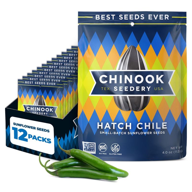 Chinook Seedery Roasted Jumbo Sunflower Seeds - Keto Snacks, Gluten-Free, Non-GMO, Hatch Chile Flavor 4 oz (12-Pack)