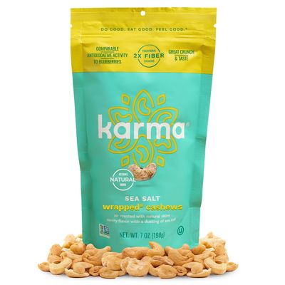 Sea Salt Wrapped Whole Cashews by Karma Nuts, Air Roasted with Natural Skins, 2X more Fiber, Whole 30, Peanut-Free Facility, Kosher, Everyday Nut Snack, 7oz Resealable Bag