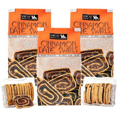 Darious Snack Co VEGAN and PALEO Cinnamon Date Swirls for Delicious BreakFast, Slightly Sweet and Savory Snacks, All Natural Ingredients, Holiday Food Gifts, 3 Pack - 6 oz Each Bag