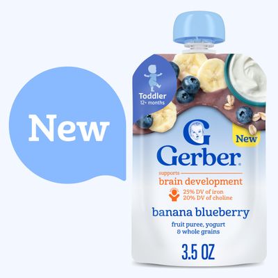 Gerber Toddler Food, Banana Blueberry, Fruit Puree, Yogurt & Whole Grains Pouches, Iron & Choline Helps Support Brain Development, No Artificial Flavors, 12-Pack