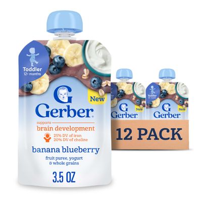 Gerber Toddler Food, Banana Blueberry, Fruit Puree, Yogurt &amp; Whole Grains Pouches, Iron &amp; Choline Helps Support Brain Development, No Artificial Flavors, 12-Pack