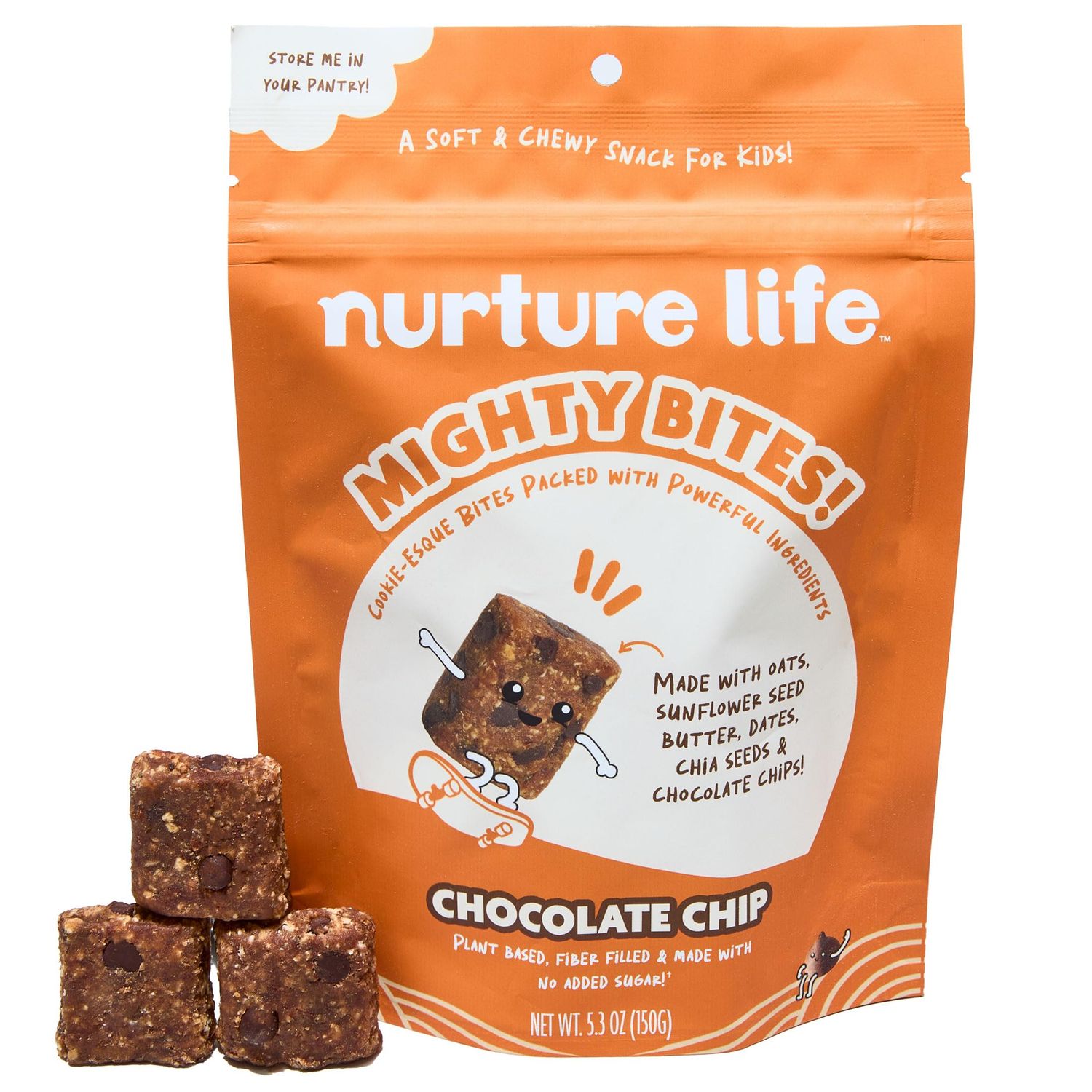 Nurture Life Mighty Bites, Chocolate Chip, 1 Pack, Healthy Snacks for Kids &amp; Toddlers Made with Oats, Chia Seeds, Dates, Chocolate Chips, Sunflower Seed Butter Plant Based, High Fiber, Low Sugar Snack