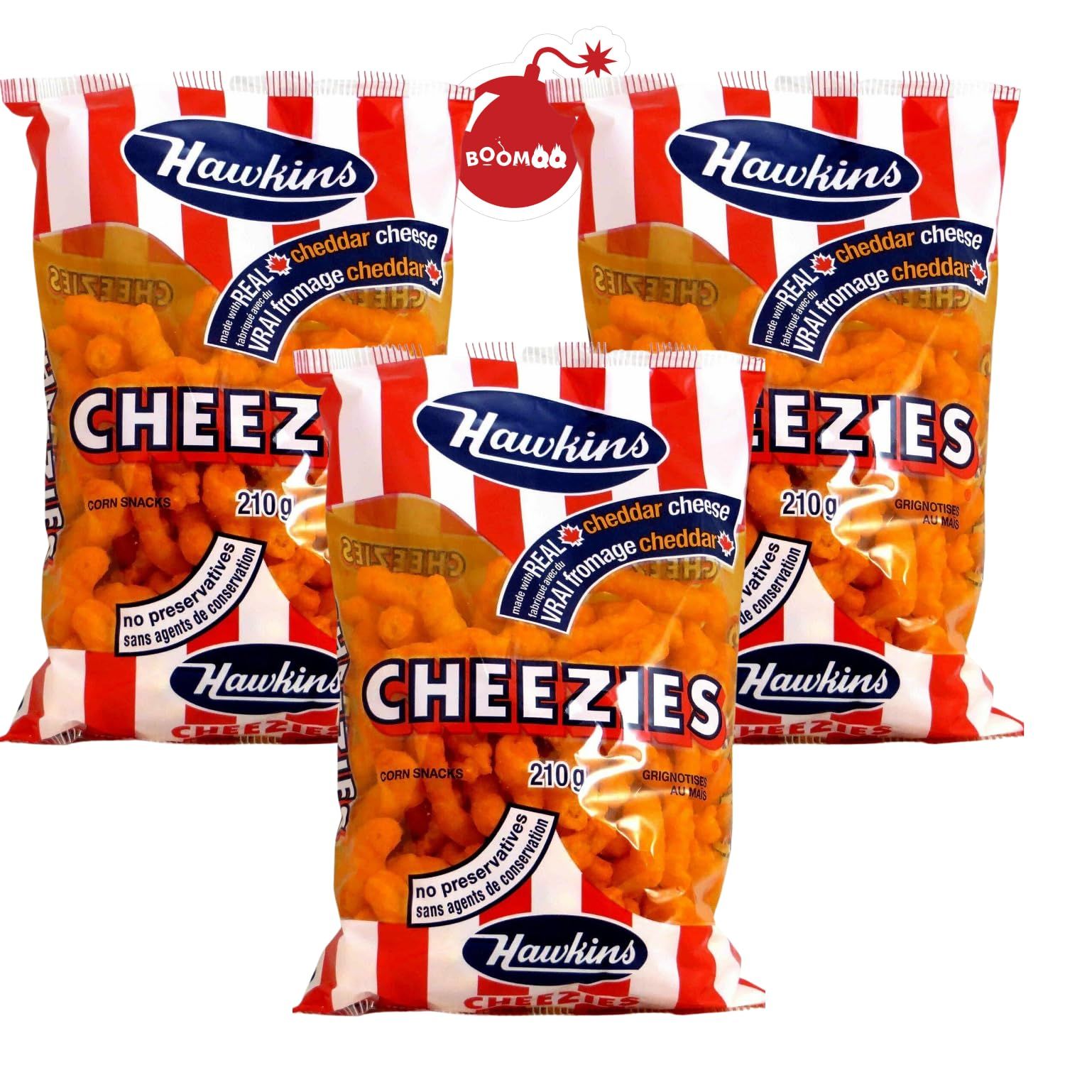 Hawkins Cheezies From Canada Family Pack 3x210g/7.4oz, Canadian Snacks Cheese Curls with Cheddar Cheese Puff Powder, Crunchy Cheese Straws, with BoomQQ Sticker