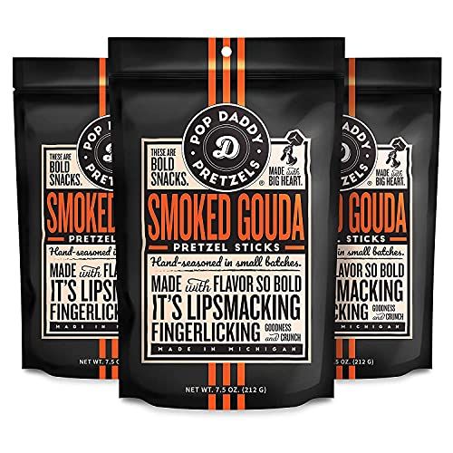 Pop Daddy Flavored Pretzels Sticks, Healthy Gourmet Pretzels Snacks, 7.5oz Individual Bags, 3 Pack, Smoked Gouda