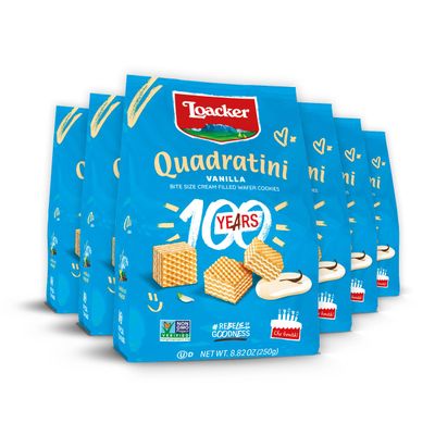 Loacker Quadratini Vanilla Wafer Cookies LARGE - 30% Less Sugar - Premium Crispy Bite Size Wafers - NON-GMO - LARGE Pack of 6