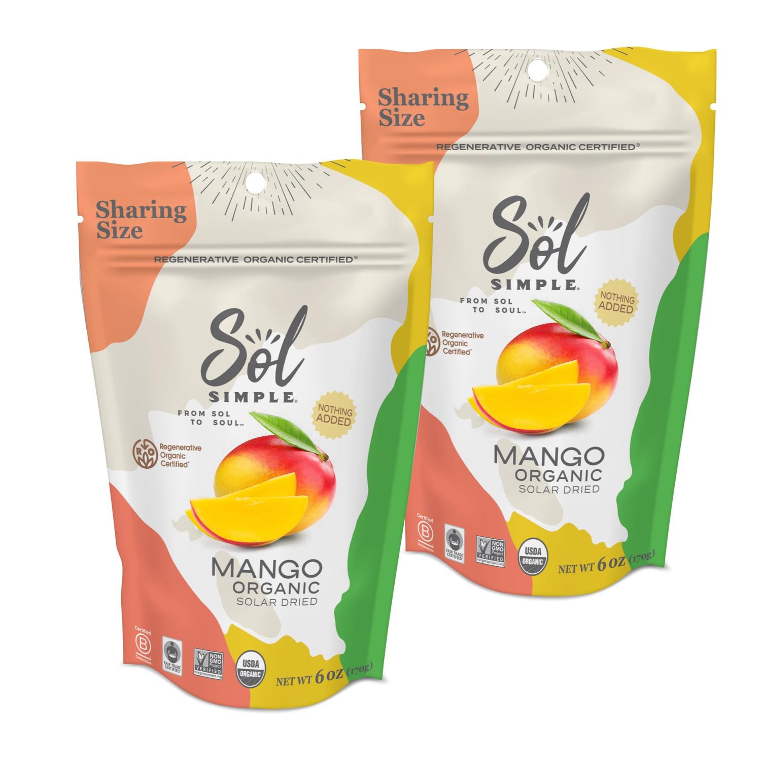 SOL SIMPLE Organic Dried Mango  6oz Snack Pack (2 Bags Total)  One Ingredient  Vegan  Non-GMO  No Added Sugar  Fair Trade  Dried Fruit  Mango