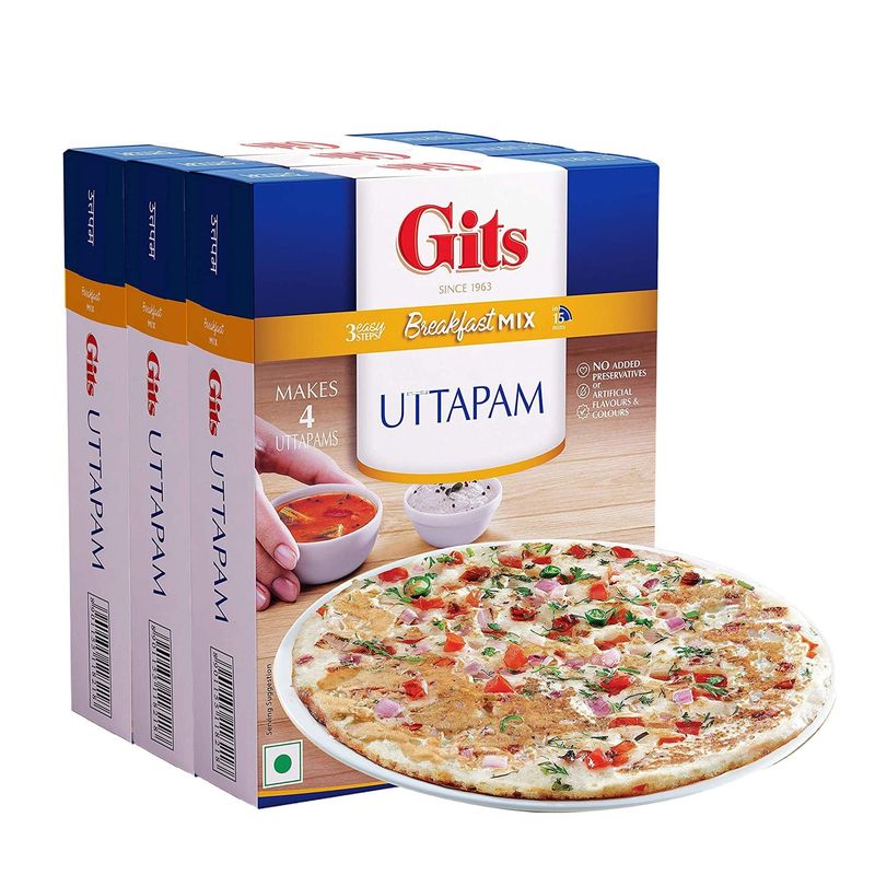 Gits Instant Mix Box - 600gm (Pack of 3 x 200gm)  Ready to Cook Indian Breakfast/Lunch/Dinner/Snack Meal  No Artificial Colors, Flavors, Preservatives, 100% Vegetarian, Easy Recipe (Uttapam)