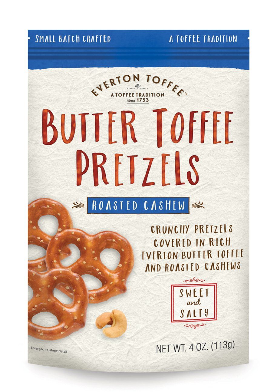 Everton Toffee Butter Toffee Pretzels, Roasted Cashew Flavor (4 oz. bag, 6-pack), Gourmet Artisan Toffee Covered Pretzels, Sweet and Salty Mini Pretzel Snacks, Small Batch Crafted