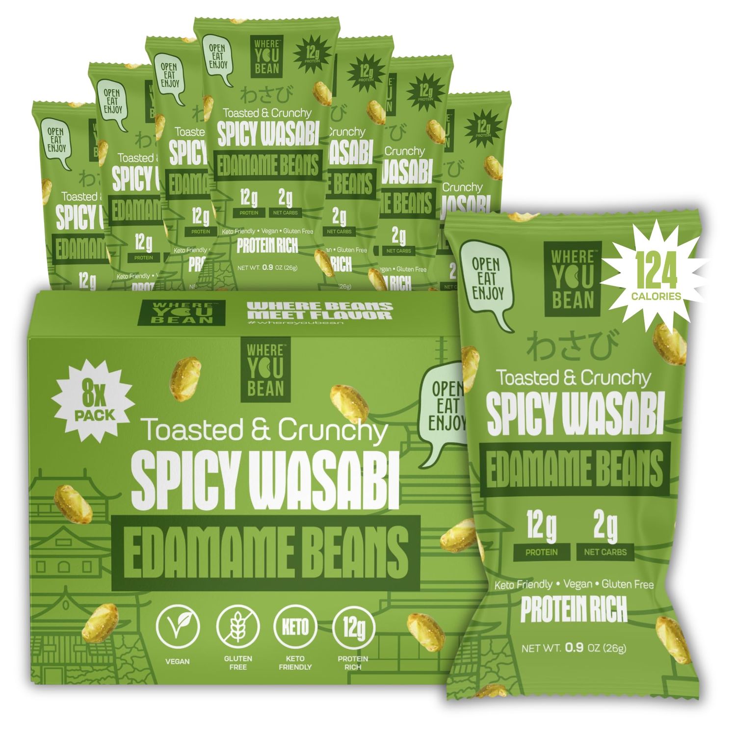 Where You Bean Edamame Beans Snack (Spicy Wasabi) - Crunchy and Dry Roasted Edamame Beans - High Protein Snacks, Keto and Vegan Healthy Snacks for Adults &amp; Low Carb Asian Snack 0.9 oz (Pack of 8)