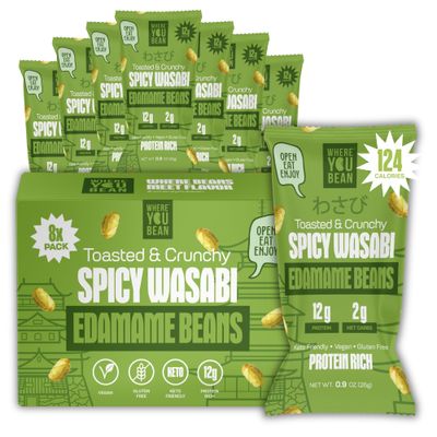 Where You Bean Edamame Beans Snack (Spicy Wasabi) - Crunchy and Dry Roasted Edamame Beans - High Protein Snacks, Keto and Vegan Healthy Snacks for Adults &amp; Low Carb Asian Snack 0.9 oz (Pack of 8)