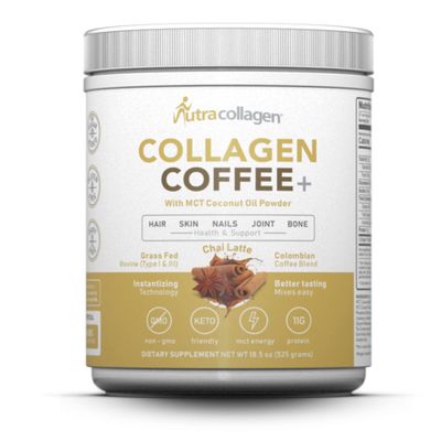 NUTRACOLLAGEN Protein Powder Combined with Premium Columbian Coffee; Grass-Fed, Non GMO, 12g Peptides, MCT Coconut Oil Powder, Soy Free, Gluten Free, Sugar Free, 40mg Caff/Srving; Chai Latte 25 Srvg