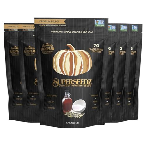 SuperSeedz Dry Roasted Pumpkin Seeds - Maple Sugar &amp; Sea Salt Pepitas, Whole 30, Vegan, Keto, 8g Plant Based Protein, Produced in USA, Nut Free, Fresh Gluten Free Snack (4oz, 6-pack)