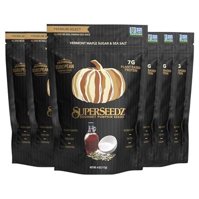 SuperSeedz Dry Roasted Pumpkin Seeds - Maple Sugar &amp; Sea Salt Pepitas, Whole 30, Vegan, Keto, 8g Plant Based Protein, Produced in USA, Nut Free, Fresh Gluten Free Snack (4oz, 6-pack)