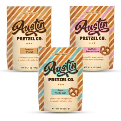 Variety Pack - Lonestar Original, Sweet Vanilla Bean &amp; Southern Roasted Pecan Flavors, 4 oz Gourmet Bite-Sized Butter Toffee Pretzels, Sweet &amp; Savory Snack, Perfect for Sharing Austin Pretzel