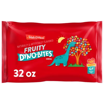 Malt-O-Meal Fruity Dyno Bites Cereal, Gluten Free Breakfast Cereal with Fruity Flavor, Large Cereal for Family, 32 OZ Resealable Cereal Bag