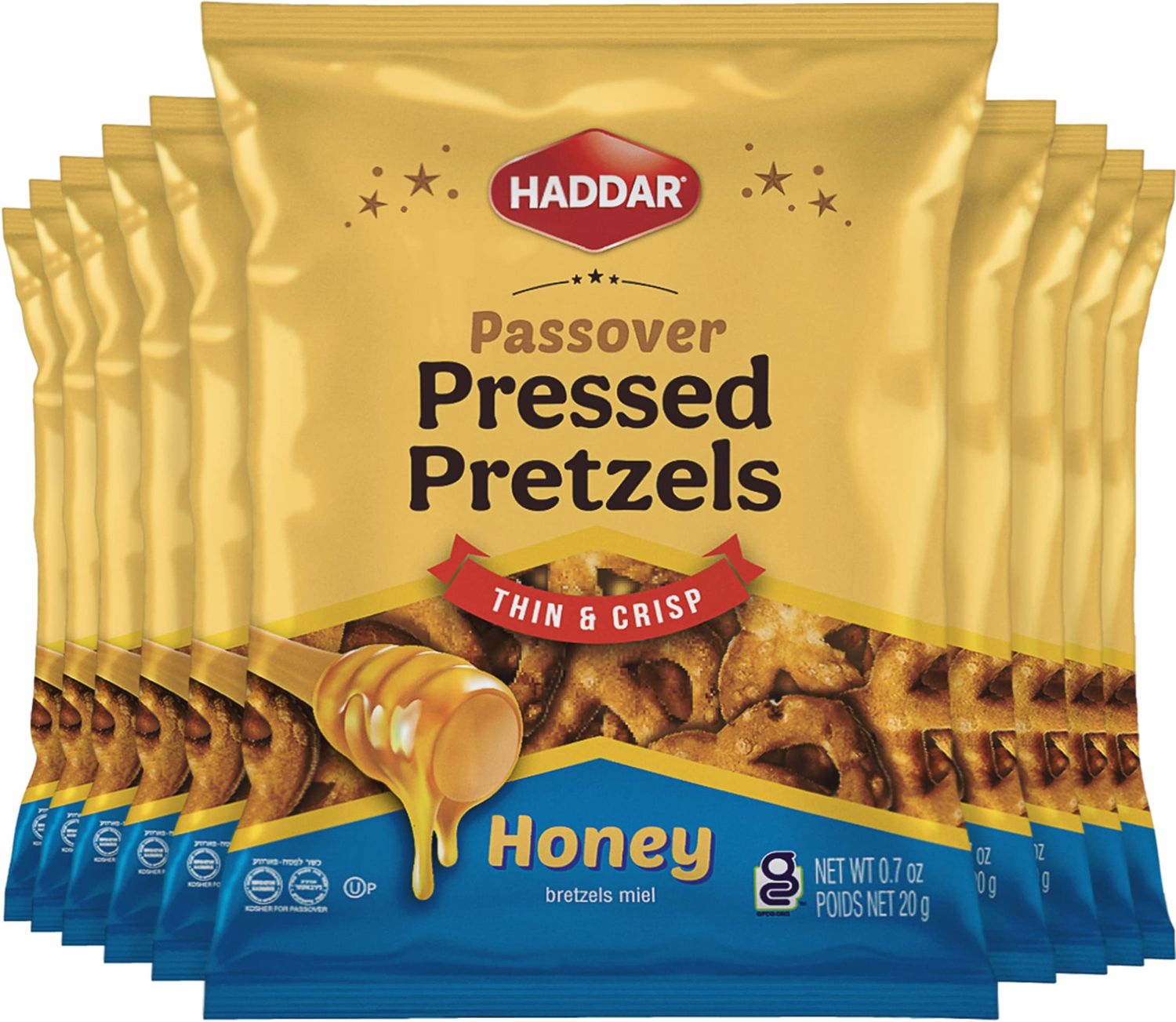 Haddar Gluten Free Pressed Honey Pretzels, 0.7oz (10 Pack)  Thin &amp; Crisp, Low Calorie, Kosher for Passover