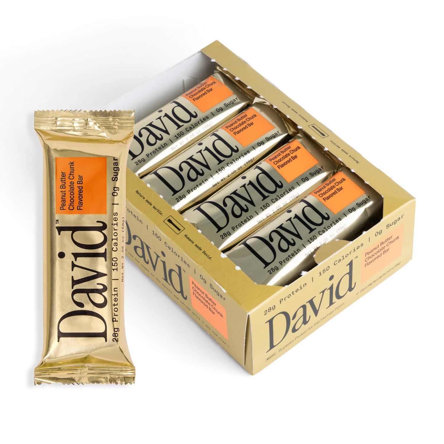 David, Protein Bar, Peanut Butter Chocolate Chunk, Pack of 12 Protein Bars  28g of Protein  150 Calories  0g of Sugar - High Protein, Low Carb, Gluten Free Protein Bar