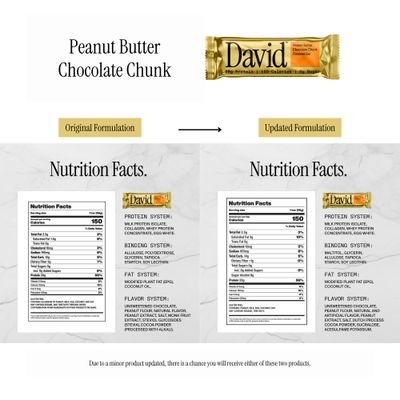 David, Protein Bar, Peanut Butter Chocolate Chunk, Pack of 12 Protein Bars 28g of Protein 150 Calories 0g of Sugar - High Protein, Low Carb, Gluten Free Protein Bar