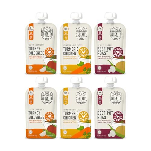 Serenity Kids 7 Months Bone Broth Puree Made with Organic Veggies - Clean Label Project Purity Award Certified - 3.5 Ounce BPA-Free Pouch - Variety Pack - 6 Count - Baby Puree - Bone Broth for Babies