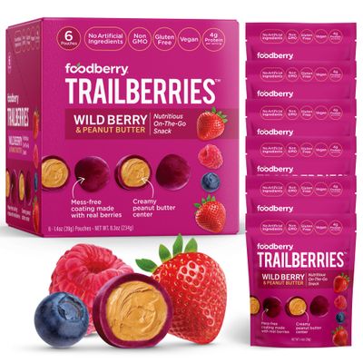 Foodberry Wild Berry &amp; Peanut Butter Trailberries, Nutritious Snack, Delicious Bites of Creamy Peanut Butter Coated in Real Fruit, Gluten Free, Vegan, 4g Protein per Serving, Pack of 6 (Wild Berry)