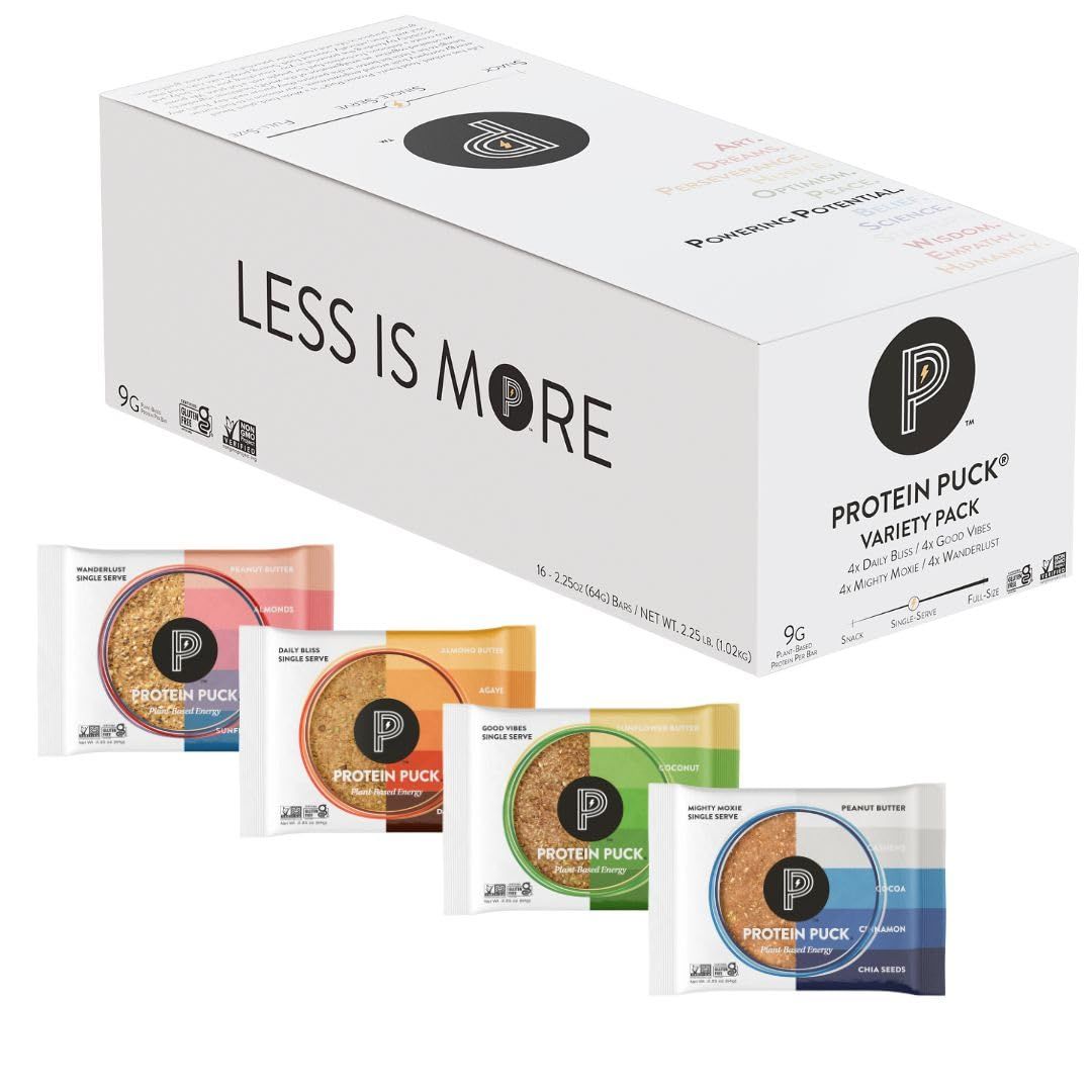 Protein Puck Plant Based Bars  Snacks with Vegan Protein  16 Count  2.25 oz Single Serve  Gluten Free, Non Dairy, Kosher Certified Non GMO Premium Healthy Bars  Variety Pack