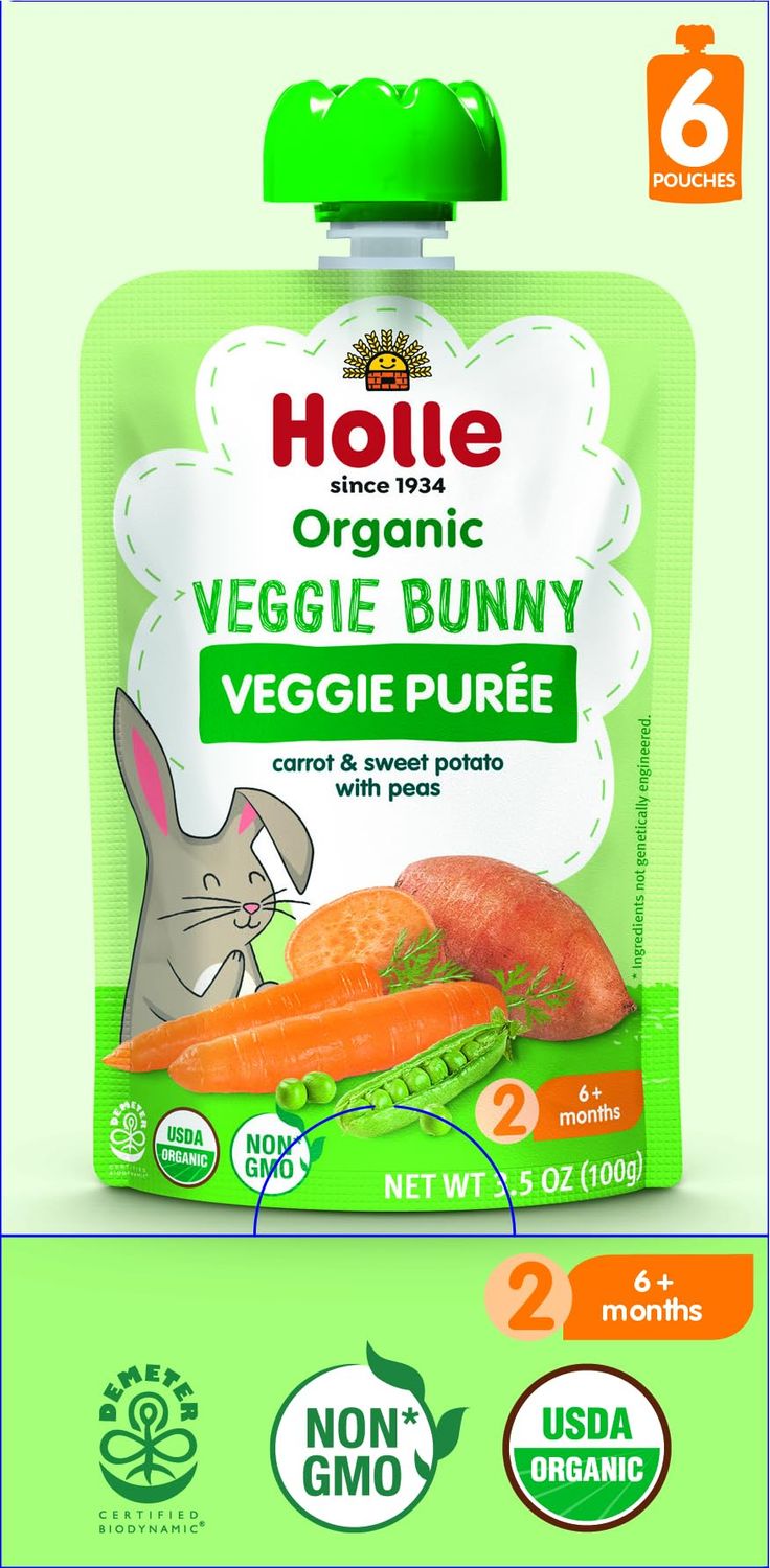 Holle Organic Baby Food Pouches - Veggie Bunny Baby Puree with Carrots, Peas and Sweet Potato - (6 Pack) Organic Baby Snacks  Fruit and Veggie Pouches for Weaning Babies 6 Months and Older