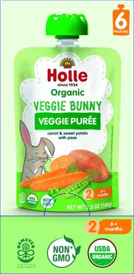 Holle Organic Baby Food Pouches - Veggie Bunny Baby Puree with Carrots, Peas and Sweet Potato - (6 Pack) Organic Baby Snacks  Fruit and Veggie Pouches for Weaning Babies 6 Months and Older