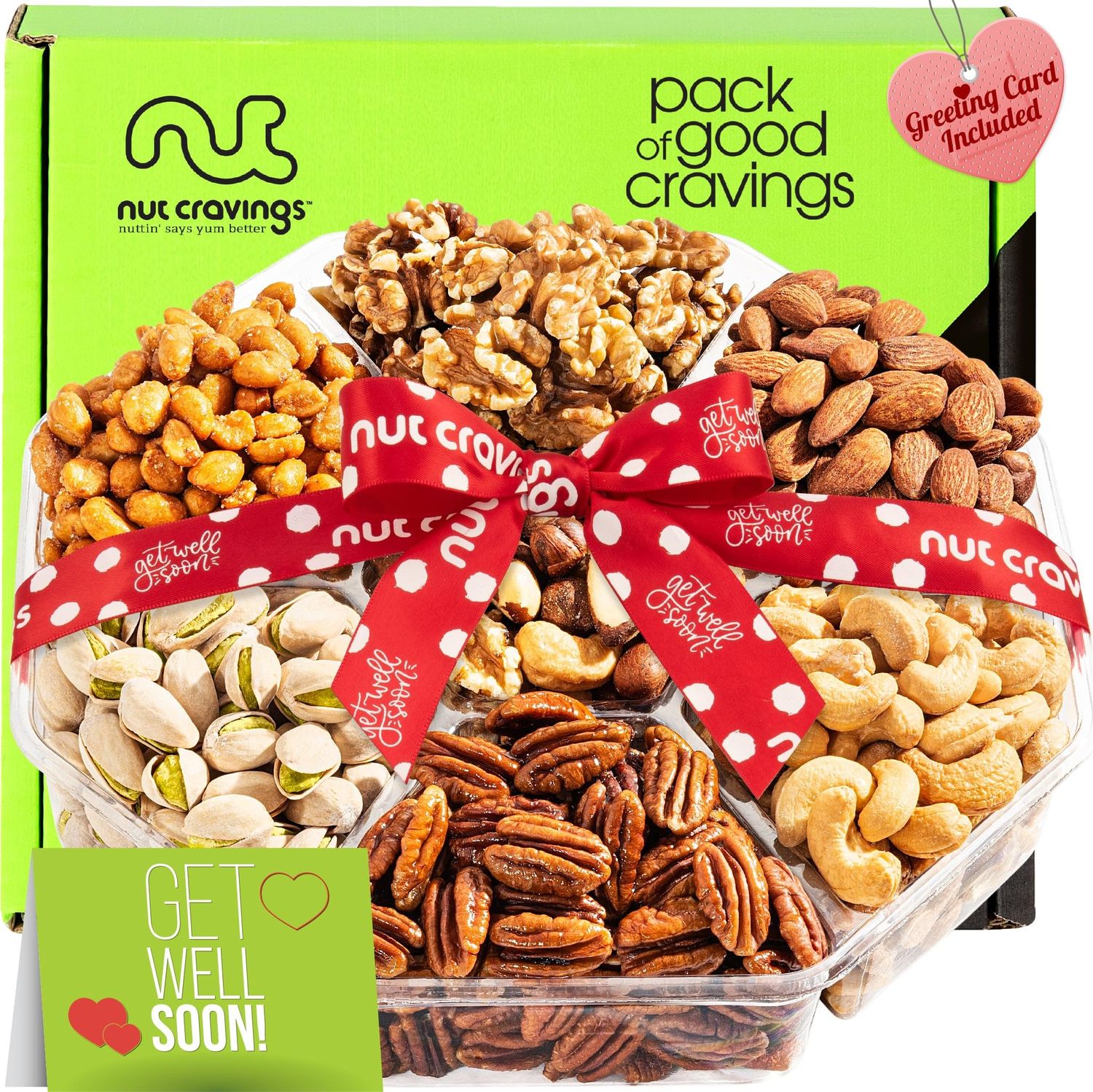 NUT CRAVINGS Gourmet Collection - Get Well Soon Nuts Gift Basket with Get Well Soon Ribbon (7 Assortments) Care Package Variety Tray, Healthy Kosher Snack Tray,