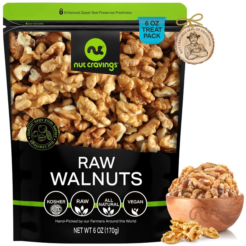 NUT CRAVINGS - Raw Walnuts Halves &amp; Pieces, Unsalted, Shelled, (6oz - 1 Pack) Bulk Nuts Packed Fresh in Resealable Bag - Kosher Healthy Snack, Natural Keto Vegan - Ideal for Trail Mixed Nuts