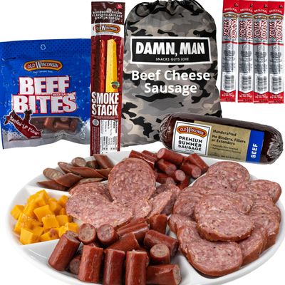 Beef Jerky Gift Basket for Men - Beef Sticks, Bacon Sausage, Cheese Sticks, Summer Sausage, Easter Birthday Gift for Men, Care Package, Snack Gift