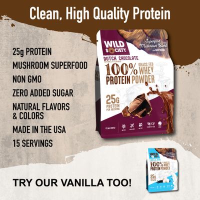 WILD SOCIETY - Premium 100% Grass Fed Whey Protein Powder  Superfood Mushrooms &amp; Adaptogens - 25g Protein, Clean Protein Powder, 0 Added Sugar, Non GMO, Gluten Free - Dutch Chocolate - 17.9 oz