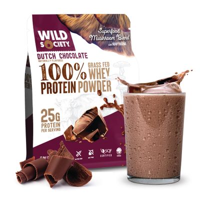 WILD SOCIETY - Premium 100% Grass Fed Whey Protein Powder  Superfood Mushrooms &amp; Adaptogens - 25g Protein, Clean Protein Powder, 0 Added Sugar, Non GMO, Gluten Free - Dutch Chocolate - 17.9 oz