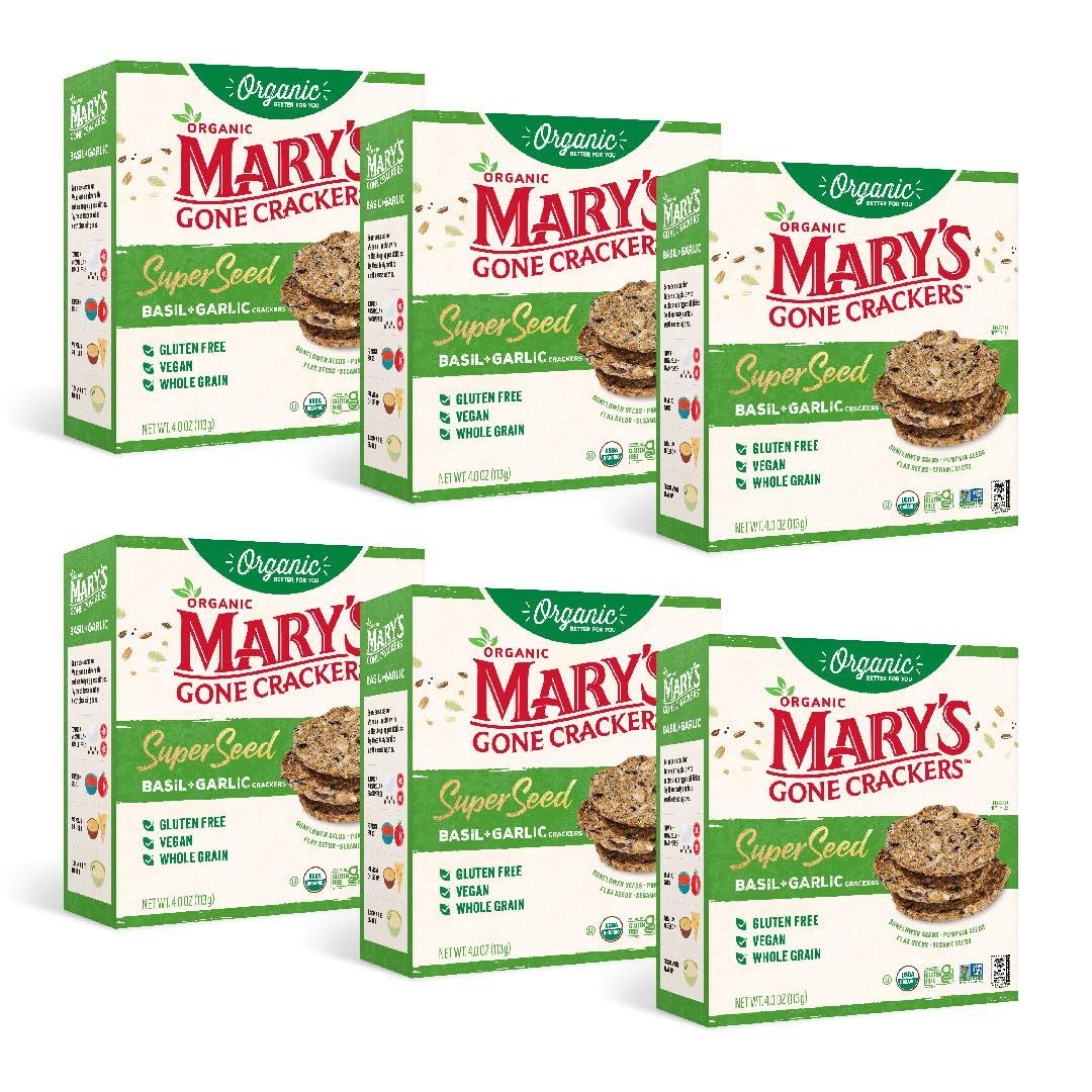 Mary&#39;s Gone Crackers Super Seed Crackers, Basil &amp; Garlic, 4 Ounce (Pack of 6), Organic Plant Based Protein, Gluten Free