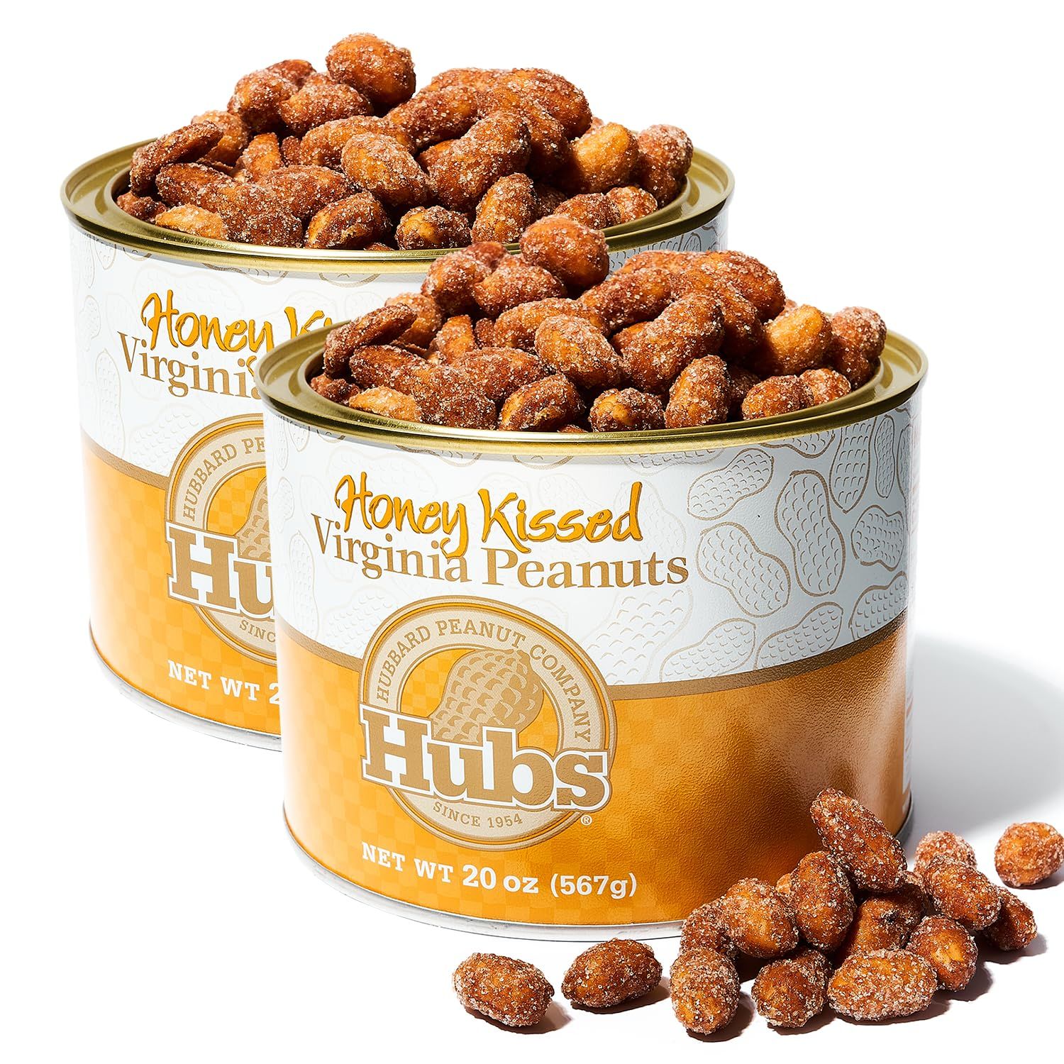 Hubs Peanuts Honey Kissed - Premium Virginia Nuts with All-Natural Sweet Honey Coating Flavor - Super Extra-Large Virginia Peanuts - Crunchy Delight Snacks - Vacuum-Sealed Tin - 2 Packs of 20 oz Cans