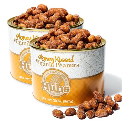 Hubs Peanuts Honey Kissed - Premium Virginia Nuts with All-Natural Sweet Honey Coating Flavor - Super Extra-Large Virginia Peanuts - Crunchy Delight Snacks - Vacuum-Sealed Tin - 2 Packs of 20 oz Cans