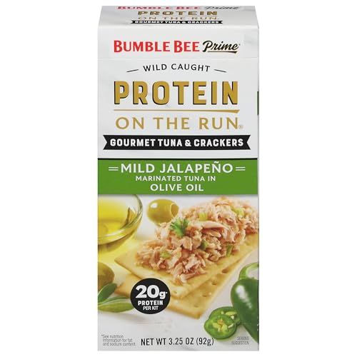 Bumble Bee Prime Protein on the Run Tuna Snack Kit - Gourmet Tuna Marinated in Olive Oil &amp; Mild Jalapeno with Crackers and Serving Utensil - 20g of Protein Per Serving