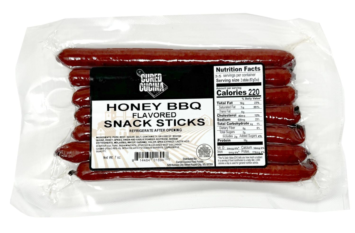 Cured Cucina Meat Sticks, Jerky Sticks, Protein Snack 7 oz (7 Sticks Per Package) (7 Ounce, Honey BBQ)