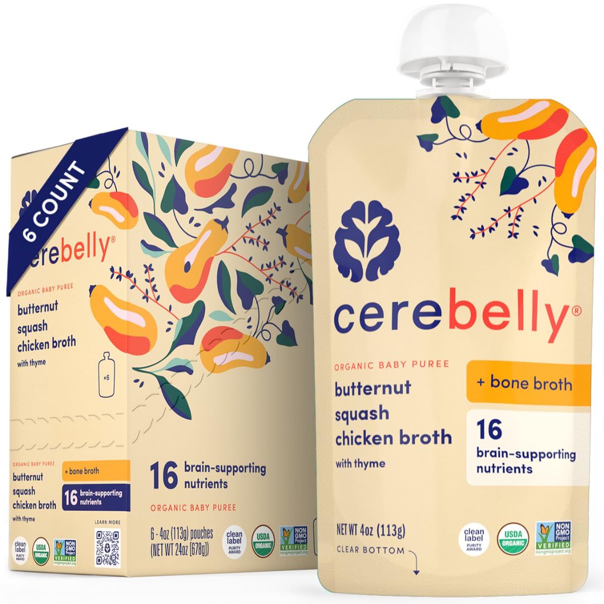 Cerebelly Organic Baby Food Pouches - Organic Chicken Bone Broth Pouches  Protein, Healthy Fats, Non-GMO  Baby Food Meals  4 Ounce BPA-Free Toddler Pouches  Butternut Squash &amp; Rosemary  6 Count