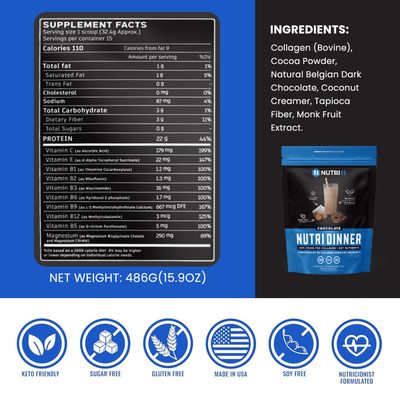 NutriDinner by Nutrillermo  Grass-Fed Collagen Protein Powder  Magnesium, B-Vitamins &amp; Monk Fruit  Sleep, Recovery, and Wellness Supplement