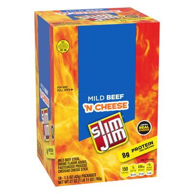 Slim Jim Beef 'N Cheese Smoked Meat Sticks, Mild Flavor, 8g Protein Per Serving, Easter Basket Stuffer, 1.5 oz. (18 Count)