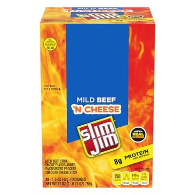 Slim Jim Beef &#39;N Cheese Smoked Meat Sticks, Mild Flavor, 8g Protein Per Serving, Easter Basket Stuffer, 1.5 oz. (18 Count)