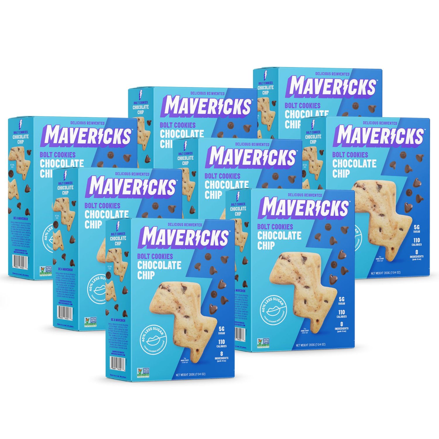 Mavericks Chocolate Chip Bolt Cookies - Healthy Cookies, Dairy Free Cookies, Vegan Friendly Chocolate Chip Cookies for Kids, Plant Based Chocolate Snack, Nut Free, 40% Less Sugar - 7 oz Box (8 Pack)
