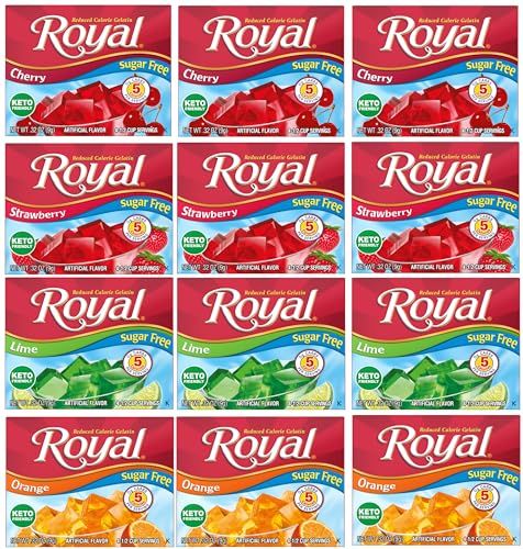 Royal Gelatin Sugar Free Variety Pack of 12-3 Boxes Each - Strawberry, Lime, Orange and Cherry - Make Low Carb Fat Free Gelatin Desserts - Keto Food or Snacks