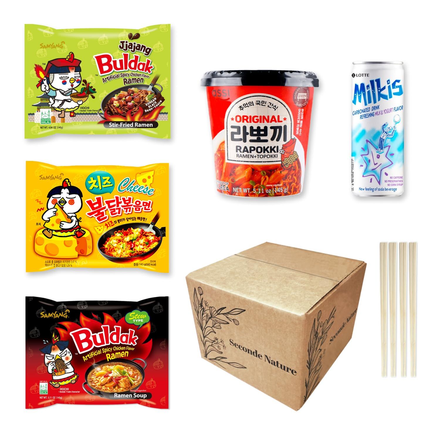 Journey of Asia &quot;Korean Spicy Ramen Box&quot;  3 Buldak Ramen &quot;Original, Cheese, Carbo 1 Korean Spicy Rice Cake Tteokbokki 1 Korean Sweet Drink  4 Chopsticks  Asian Snack Box Gift